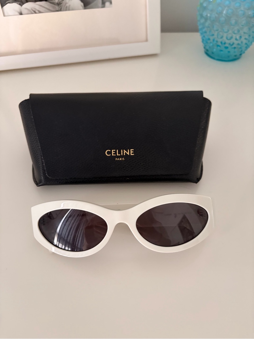 Celine White Oval Sunglasses with Dark Lenses